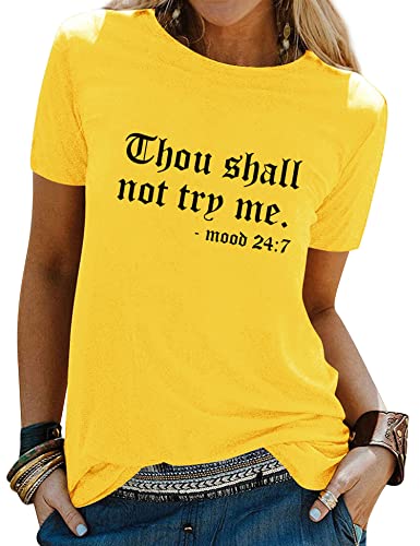 Nlife Women Thou Shall Not Try Me Letter Print Long Sleeve Crew Neck T-Shirt Top A-Yellow