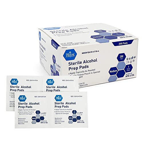 MED PRIDE Alcohol Prep Pads| 200 pack| Medical-Grade, Sterile, Individually-Wrapped, Isopropyl Cotton Swabs| Disposable, Medium Square Size, 2ply, Latex Free & Antiseptic| For Medical & First-Aid Kits