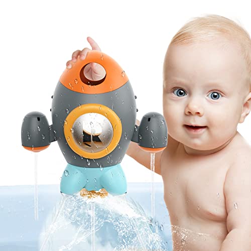 Hiitytin Bath Toys for Toddlers Space Rocket Rotating Spray Bathtub Water Toy Shower Gift for 18M+ Baby Girls and Boys, Color Grey