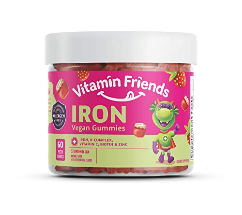 Vitamin Friends - Vegan Multivitamin & Iron for Kids - Daily Nutritional Support Gummies w/Ferrous Fumarate B-Complex, Vitamin C, Zinc, Biotin - Body Function & Anemia - Strawberry Jam(60 Day Supply)