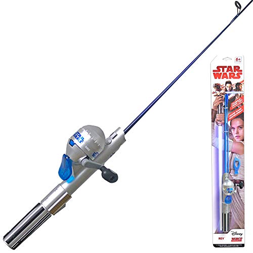 Zebco Star Wars Rey Kids Spincast Reel and Fishing Rod Combo, 4-Foot 2-Piece Fishing Pole with Right-Hand Retrieve, QuickSet Anti-Reverse Fishing Reel, Realistic Lightsaber Design, Silver/Black