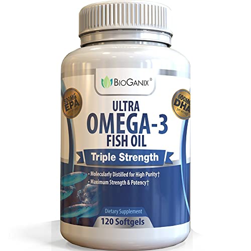 Bioganix Omega 3 Fish Oil Triple Strength Supplement with EPA 800 & DHA 600 & Vitamin E, Natural Fatty Acids Fish Oil from Deep Blue Ocean Fish 2000 mg (120 Capsules)