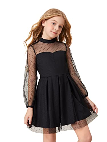 SOLY HUX Girl's Contrast Mesh Long Sleeve Mock Neck High Waist Flared A Line Dress… Black 11-12Y