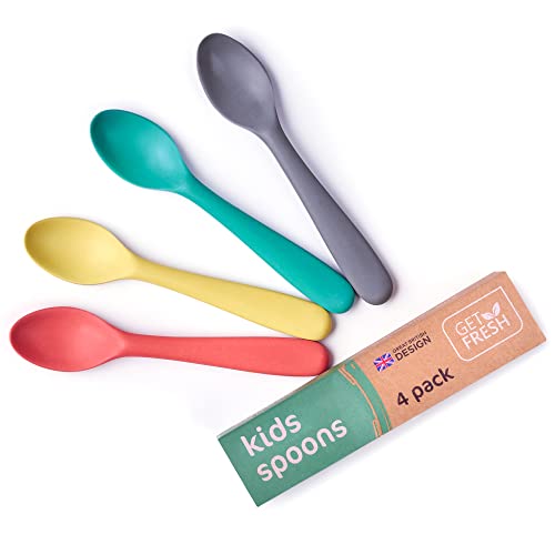 GET FRESH Bamboo Kids Spoons Set – 4-pack Colorful Bamboo Kids Cutlery for Everyday Use – Reusable Bamboo Fiber Kids Spoons for Baby Feeding – Large Bamboo Utensils for Toddlers and School Children