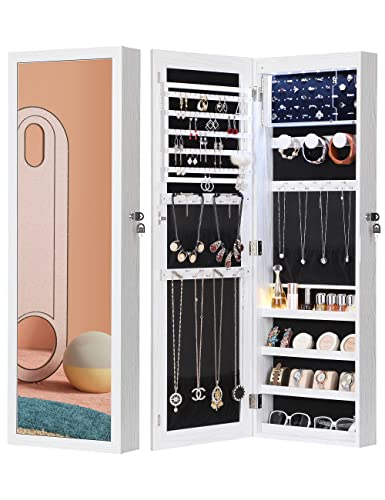 Nicetree 6 LEDs Jewelry Armoire with Mirror with 3 Exclusive Improvements, 4.2' D Lockable Mirror with Jewelry Storage, Door/Wall Mounted Jewelry Organizer Mirror, Acrylic Cover, White