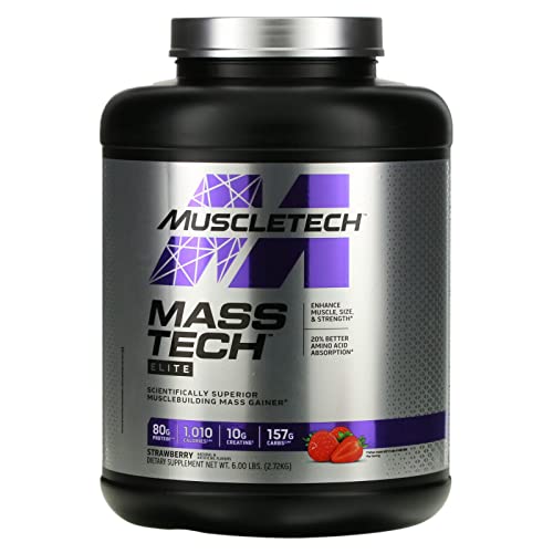 Mass Gainer Protein Powder | MuscleTech Mass-Tech Mass Gainer | Whey Protein Powder + Muscle Builder | Weight Gainer | Protein Powder for Muscle Gain | Creatine Supplements | Strawberry, 7 lbs