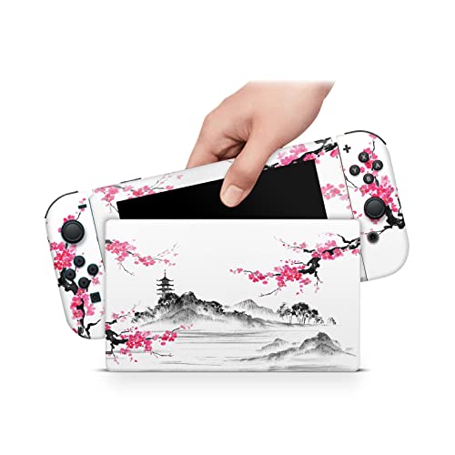 ZOOMHITSKINS Compatible with Nintendo Switch Skin Anime Cover Japanese Asian Temple Cherry Blossom Flower Nature Pink Samurai 3M Vinyl Decal Sticker Wrap, Made in The USA