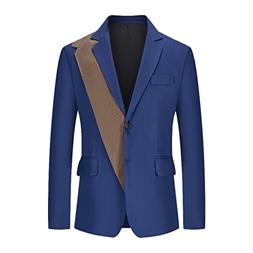 Mens Stylish Suit Jacket One Button Slim Fit Lightweight Patchwork Sport Coats Blazer for Daily Business Wedding Party Blue