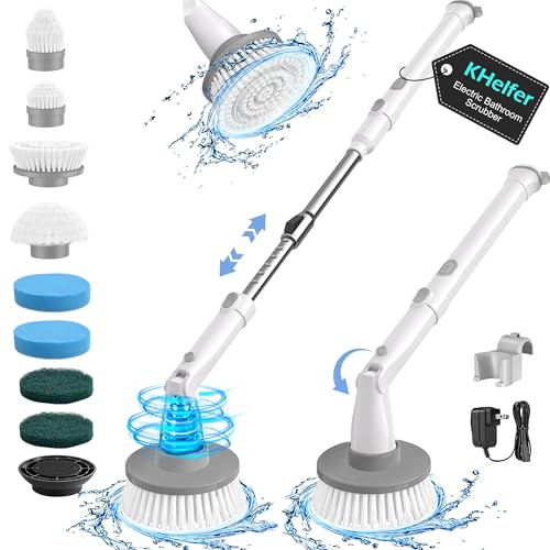 kHelfer Electric Spin Scrubber Kh8, 2024 Upgrade Cordless Shower Scrubber 8 Replacement Head, 1.5H Bathroom Scrubber Dual Speed, Shower Cleaning Brush with Extension Arm for Bathtub Tile Floor