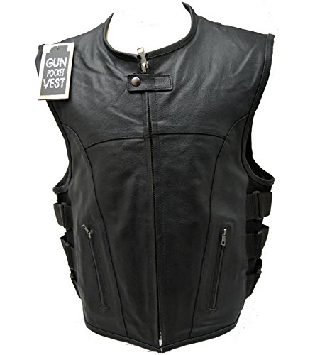 Dealer Men's Motorcycle SWAT Team Style Cow Leather Tactical Club Vest W/2 Gun Pockets(4XL) Black