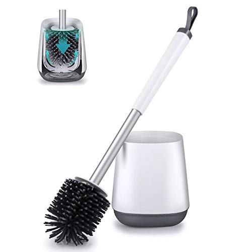 POPTEN Toilet Bowl Cleaning Brush and Holder Set for Bathroom Storage and Organization, Deep-Cleaning Toilet Bowl Cleaning Brush with Holder Silicone Bristles & TPR Soft Bristle,Floor Standing White