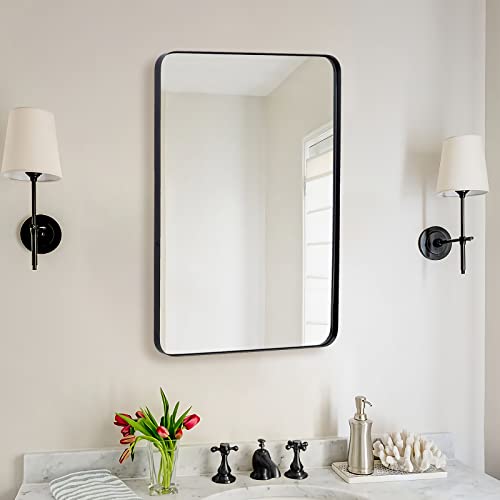 ANDY STAR Wall Mirror for Bathroom, Mirror for Wall with Black Metal Frame 22' X 30', Decorative Wall Mirrors for Living Room,Bedroom, Glass Panel Rounded Corner Hangs Horizontal Or Vertical