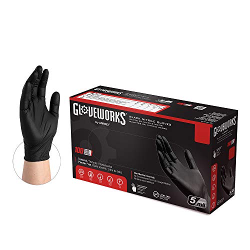 GLOVEWORKS Black Disposable Nitrile Industrial Gloves, 5 Mil, Latex & Powder-Free, Food-Safe, Textured, Large, Box of 100