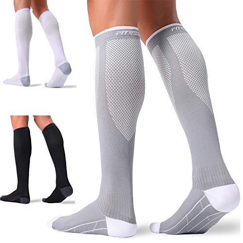 FITRELL 3 Pairs Compression Socks for Women and Men 20-30mmHg-- Circulation and Muscle Support Socks for Travel, Running, Nurse, Medical Black+White+Grey L/XL