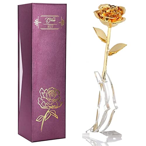 ZJchao 24K Gold Rose for Her, Dipped Gold Rose Eternity Love Real Golden Plated Preserved Eternal Flower with Rose Stand Present for Wife/Girlfriend/Couple (Gold)