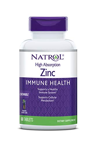 Natrol High Absorption Zinc, Supports Immune Health and Cellular Metabolism with AbsorbSmart Technology, Pineapple Flavor, Chewable Tablets, 60 Count