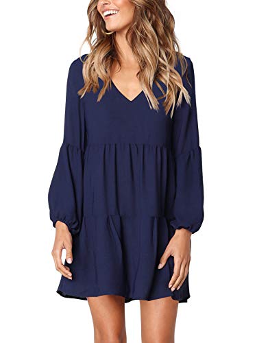 Amoretu Women's Long Sleeve Tunics Loose Casual Swing Shift Mini Dress Navy S