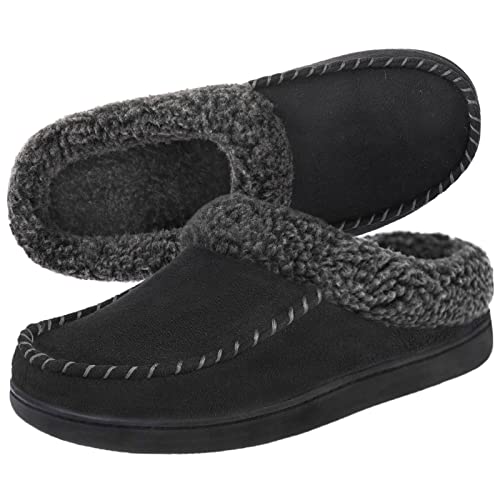 ULTRAIDEAS Men's Moccasin Slippers with Memory Foam Insole, Slip on House Slippers, Warm Faux Sherpa Lining House Shoes Clog with Nonslip Rubber Sole for Indoor & Outdoor(Black, 11-12)