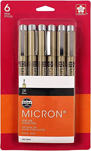 SAKURA Pigma Micron Fineliner Pens - Archival Black Ink Pens - Pens for Writing, Drawing, or Journaling - Black Colored Ink - 08 Point Size - 6 Pack