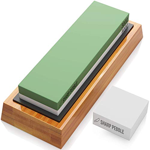 Sharp Pebble Premium Whetstone Knife Sharpening Stone 2 Side Grit 3000/8000 Wetstone Kit -Wet Stone Kitchen Knife Sharpener with Non-Slip Bamboo Base & Flattening Stone