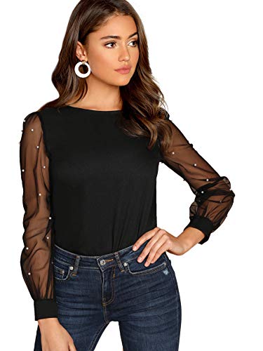 Floerns Women's Pearl Mesh Sheer Long Sleeve Blouse Shirts Tops Black M