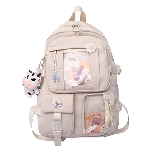 Kawaii Backpack with Pins for School, Cute and Aesthetic (Beige,With Accessories)