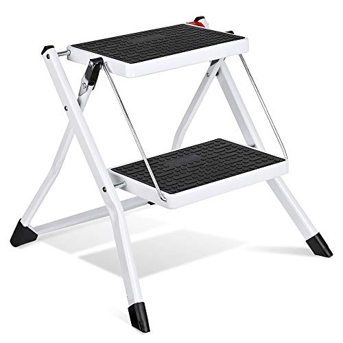 Delxo Step Stool Folding 2 Step Ladder Heavy Duty Steel Sturdy Wide Pedal Lightweight Anti-Slip Portable & Collapsible Two Stool Ladder Kitchen Closet 2 Step Stools for Adults White Stepladder