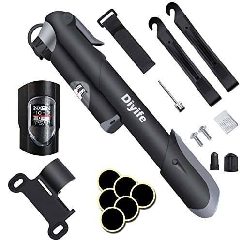 Bike Pump, [120 PSI][Perfect Full Set] Diyife Mini Bicycle Pump with Gauge, Ball Pump with Needle, Glueless Patch Kit, Cycle Valve Caps and Frame Mount for Road, Mountain & BMX Fits Presta & Schrader