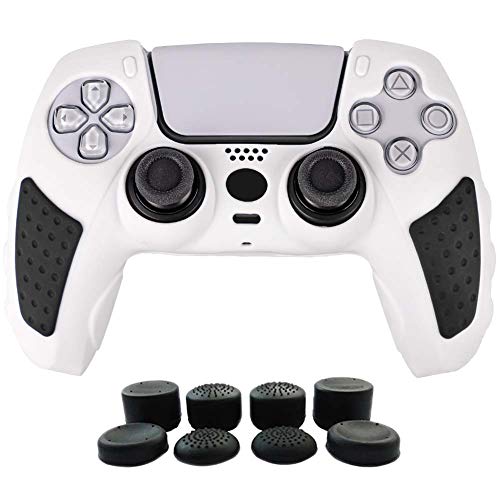 Aosai Skin for PS5 Controller, Studded Anti-Slip Cover Silicone Grip for DualSense Controller(Controller Skin x 1 + FPS PRO Thumb Grips x 8) (White&Black)