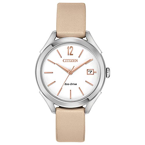 Citizen Eco-Drive Casual Quartz Womens Watch, Stainless Steel with Leather strap, Beige (Model: FE6140-03A)
