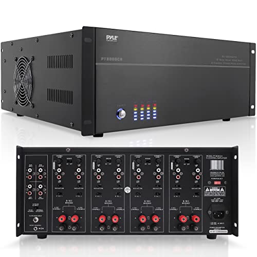 Pyle 4 Multi-Zone Stereo Amplifier - 19” Rack Mount, Powerful 8000 Watts with Speaker Selector Volume Control & LED Audio Level Display - 4-Ch. Bridgeable Switches - Pyle PT8000CH