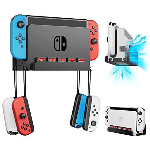 Wall Mount for Switch and Switch OLED, Wiilkac Metal Wall Mount Kit with 5 Game Cards Slots and 4 Joy Con Hooks, Back Airflow Gap Design, Safely Store Your Switch Console Near or Behind TV (Black)