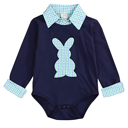 GRNSHTS Infant Baby Boy Girl Easter Outfit Plaid Stand Collar Rabbit Shirt Romper Unisex Jumpsuit Bodysuit (Navy Blue, 6-12 Months)