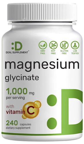 Magnesium Glycinate 500mg Per Capsule (1000mg Per Serving) Plus Vitamin C, 240 Capsules – 100% Chelated for Easy Absorption – Essential Mineral Supplement for Muscle, Mood, Sleep, & Heart Health