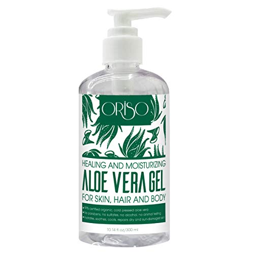 ORISO Aloe Vera Gel With Organic Aloe Vera Cold Pressed - Pure Sunburn Relief, Bug Bites, Small Cuts - Soothing Moisturizer Lotion For Face, Hair and Body - 10 Fl Oz