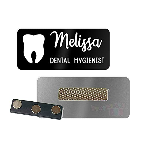 Tooth- Dental - Black - PERSONALIZED - Custom Name Tag - 1.25' x 3' Magnetic OR Pin Back - 104NT