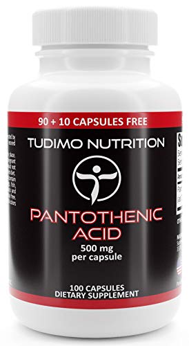 TUDIMO Vitamin B5 Pantothenic Acid 500mg - 100 pcs (3+ Month Supply) of Rapidly Disintegrating Capsules, Each with 500 mg of Premium Quality & Pure Vitamin B5 Powder