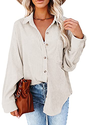 Astylish Womens Long Sleeve Button Up Pocket Shirts Ladies Loose Fit Corduroy Tunic Blouse Tops Beige M
