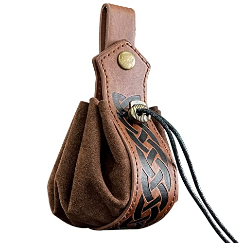 HiiFeuer Medieval Faux Leather Drawstring Pouch, Retro Nordic Portable Coin Purse, Vintage Belt Pouch Dice Bag For LARP Ren Faire (Brown A)