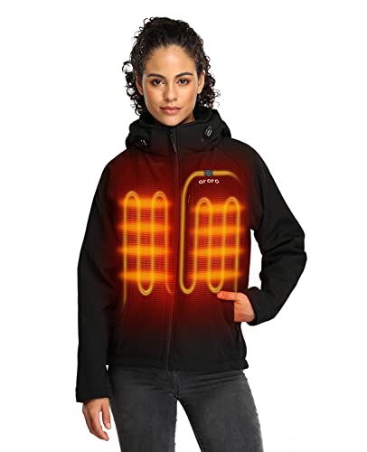 ORORO Women's Slim Fit Heated Jacket with Battery Pack and Detachable Hood (Black,L)