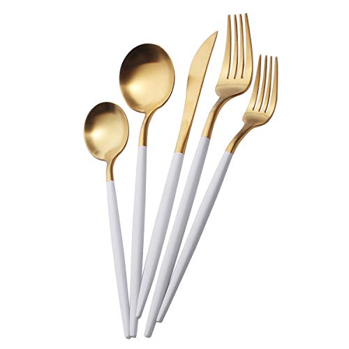 MEJAJU Modern Silverware Set Gold 5 Pieces 18/10 Stainless Steel Flatware Cutlery Set, Matte Utensils Service for 1, Tableware Includes Knife, Fork and Spoon, Use for Home Kitchen Hotel Restaurant