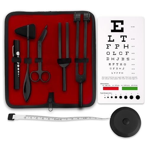 ASA TECHMED Premium 7 Piece Tactical Black Diagnostic Kit - Taylor Hammer, Measuring Tape, Tuning Forks, Bandage Scissors, Pupil Gauge Penlight, Snellen Eye Chart (Black)