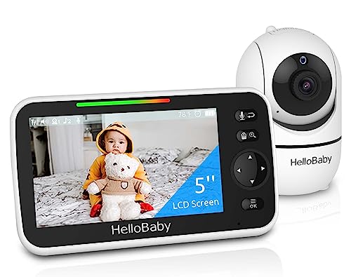 HelloBaby Upgrade Monitor, 5''Sreen with 30-Hour Battery, Pan-Tilt-Zoom Video Baby Monitor with Camera and Audio, Night Vision, VOX, 2-Way Talk, 8 Lullabies and 1000ft Range No WiFi, Ideal Gifts