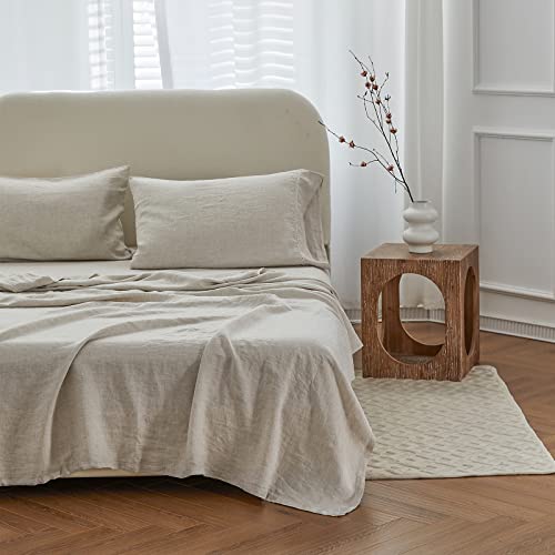 Simple&Opulence 100% Linen Hollow Hemstitch Sheet Set -4 Pieces European Flax Pure Washed Bed Sheets (1 Flat Sheet, 1 Fitted Sheet,2 Pillowcases) -Breathable and Soft (Hemstitch Linen, King)