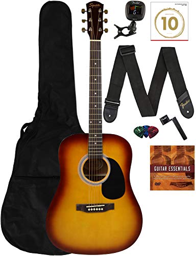 Fender Squier Dreadnought Acoustic Guitar - Sunburst Learn-to-Play Bundle with Gig Bag, Tuner, Strap, Strings, Winder, Picks, Fender Play Online Lessons, and Austin Bazaar Instructional DVD
