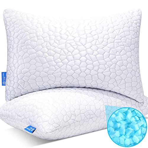 Cooling Bed Pillows for Sleeping 2 Pack Shredded Memory Foam Pillows Queen Size Set of 2 - Gel Pillow Firm yet Support Adjustable Bamboo Pillows for Side Stomach&Back Sleepers Washable Removable Cover