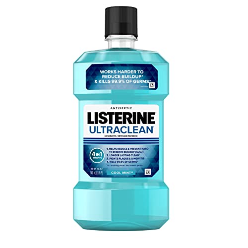 Listerine Ultraclean Oral Care Antiseptic Mouthwash to Help Fight Bad Breath Germs, Gingivitis, Plaque and Tartar, Oral Rinse for Healthy Gums & Fresh Breath, Cool Mint Flavor, 500 mL