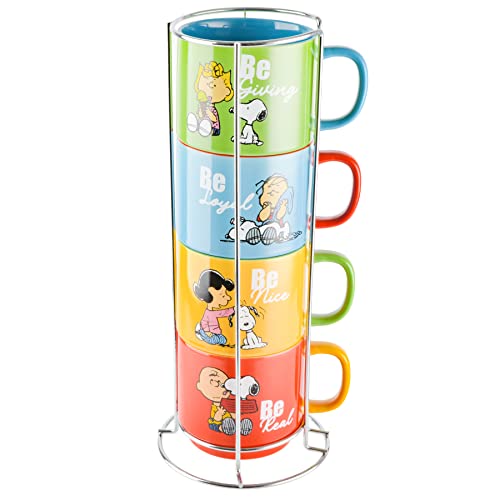 Peanuts Snoopy Gentle Reminders 15oz Stackable Mugs w/Metal Rack, Stoneware, 4-Pack, Assorted Colors