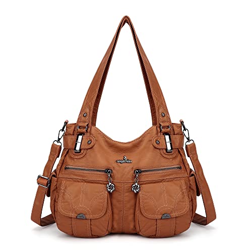 Angelkiss Women's Designer Handbag Large Double Zipper Multi Pocket Washed, Brown