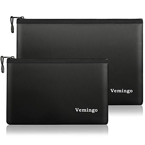 Upgraded Fireproof Document Bag 2 Pack, Vemingo Waterproof Fireproof Safe Storage Pouch for Money Cash, Document Files, Jewelry，Black